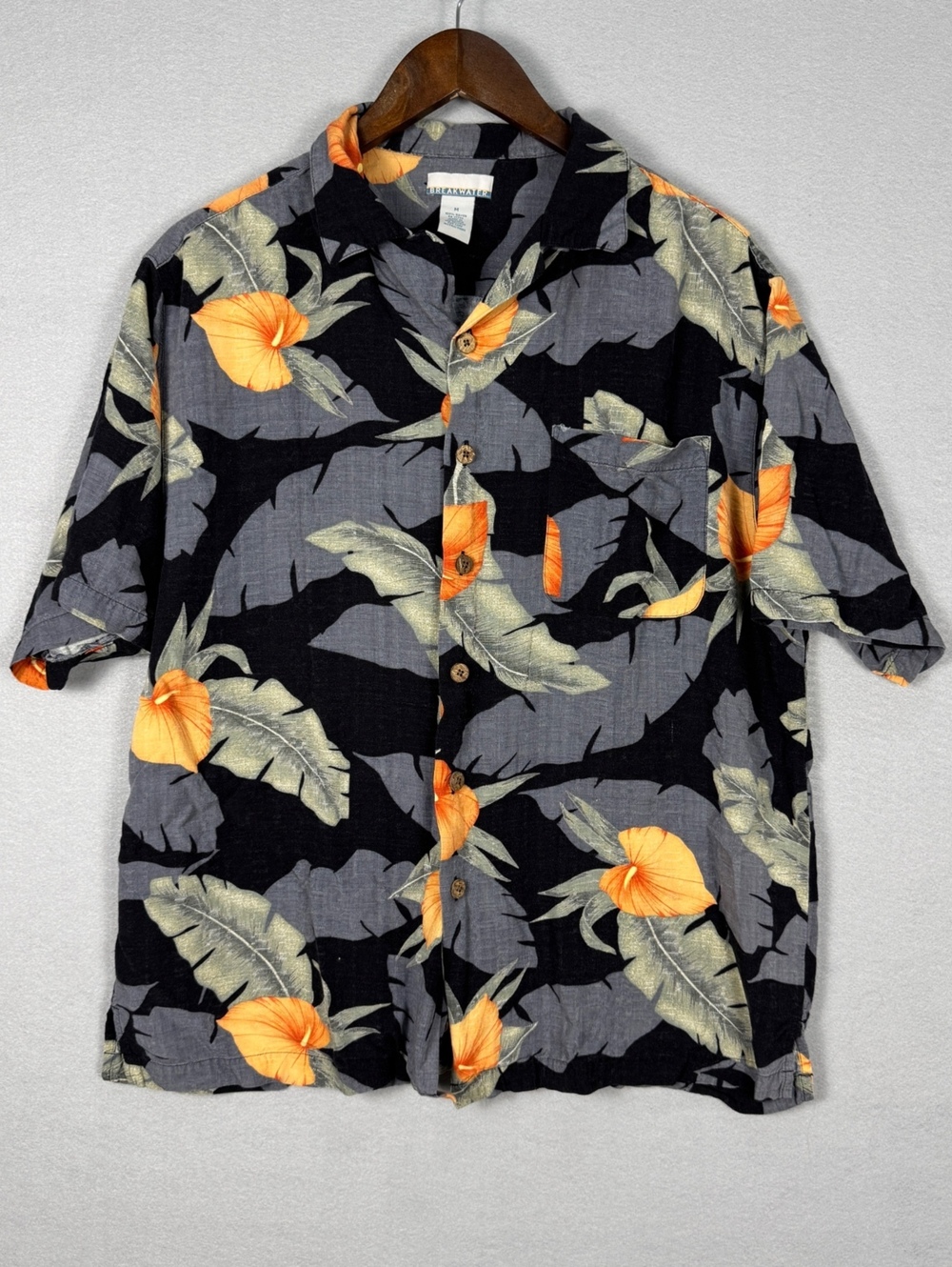 Vintage Breakwater Mens Medium Rayon Hawaiian Shirt Black